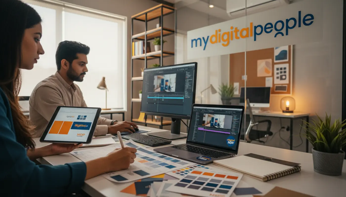 Design and video editing team creating a consistent brand identity in a modern agency studio