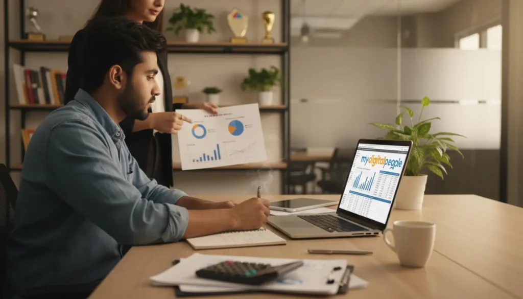 PPC analyst reviewing Adfly-style click earnings and traffic reports in a modern MDP office