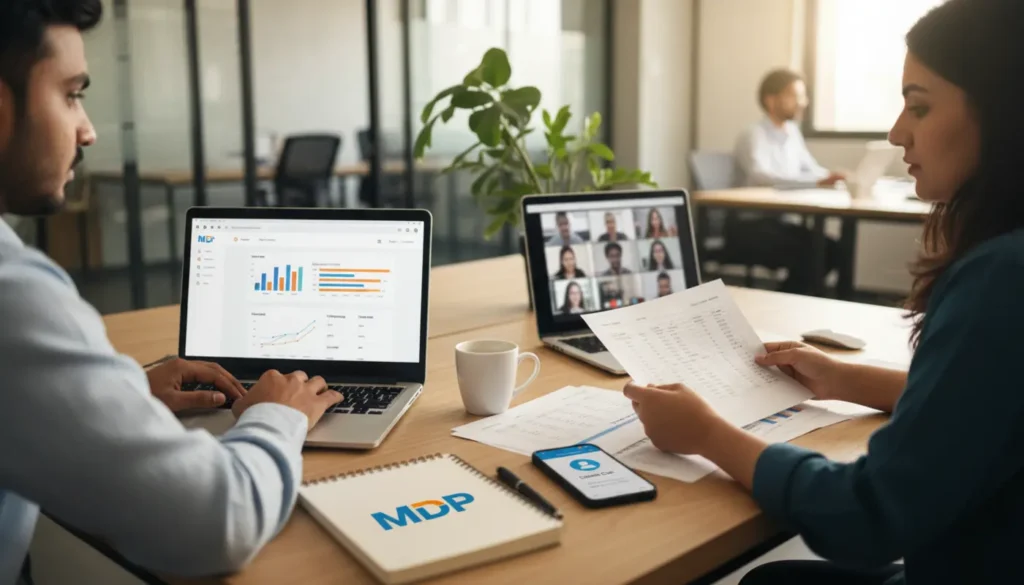 Remote sales team reviewing cloud CRM pipeline in a modern MDP office