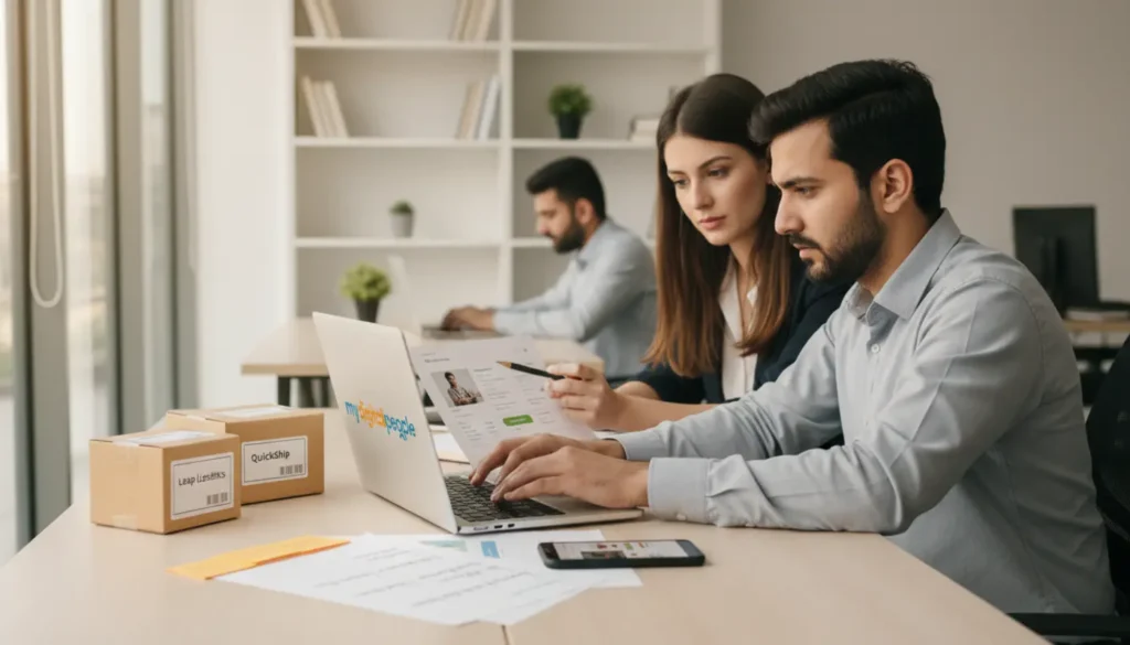 Shopify developer optimising ecommerce store speed and checkout in a modern agency office