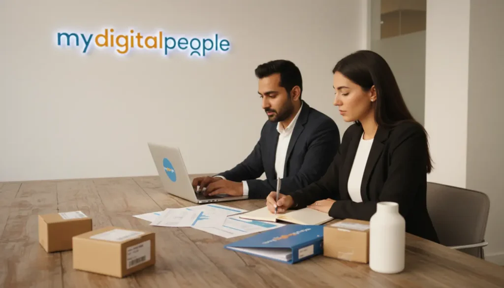 Agency team planning Shopify partner services with ecommerce props in a modern office