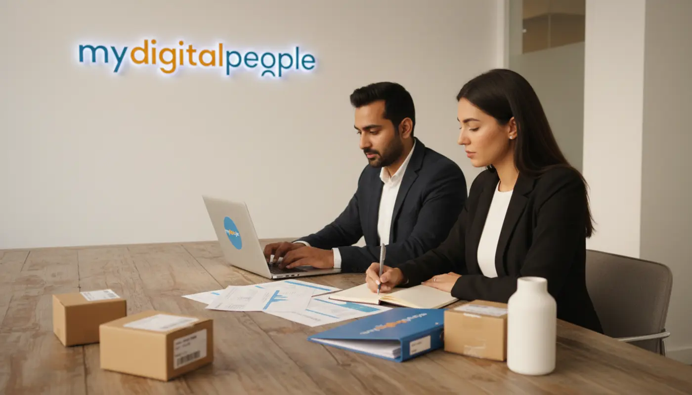 Agency team planning Shopify partner services with ecommerce props in a modern office