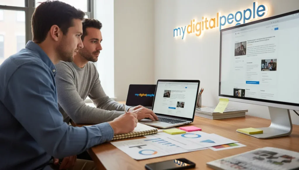 Team reviewing blog layout and engagement metrics in a modern digital agency workspace