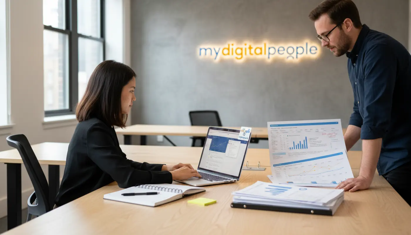 SEO specialist building a case study portfolio in a modern agency office with reports and analytics