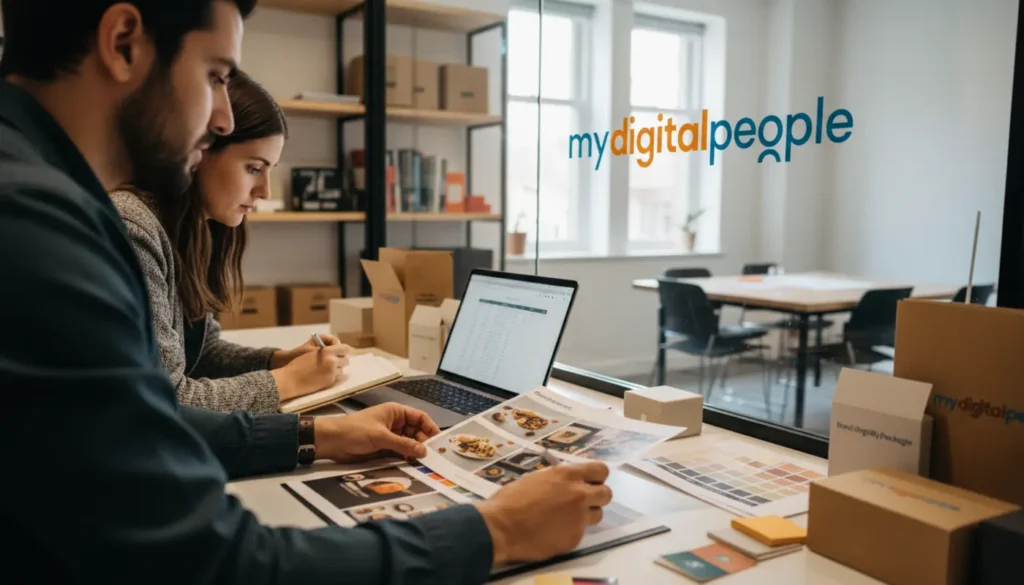 Graphic designer planning client outreach in a modern agency workspace