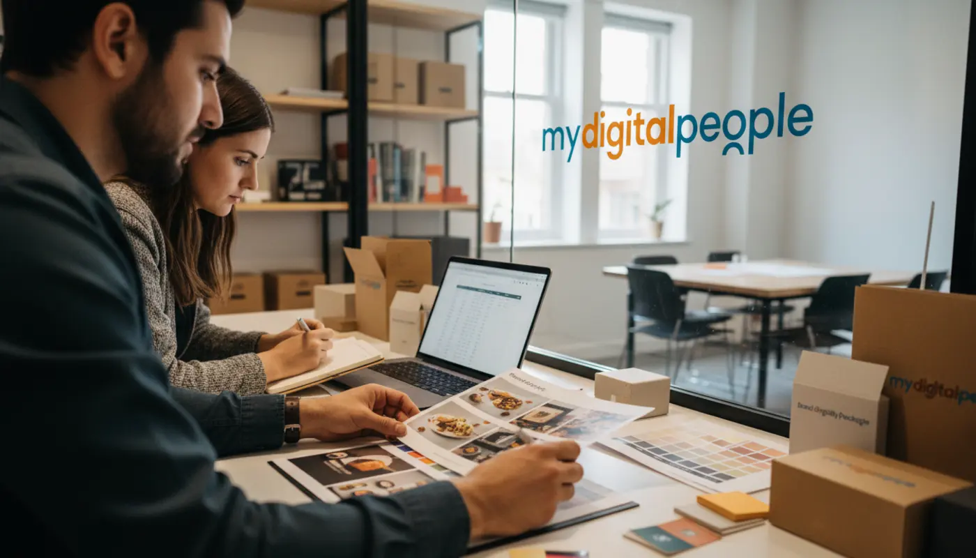 Graphic designer planning client outreach in a modern agency workspace