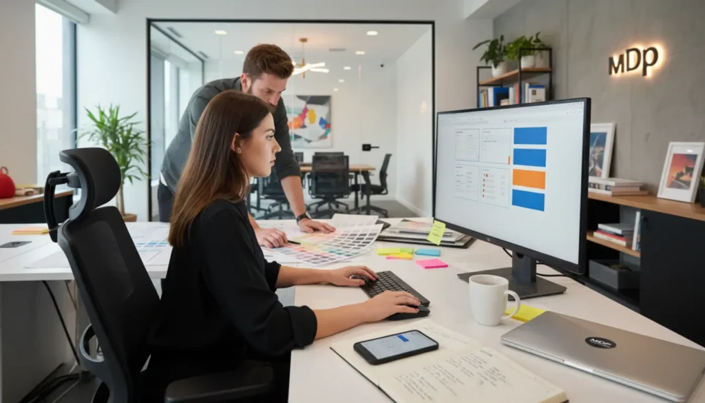 Designer creating a professional social media poster in a modern agency office