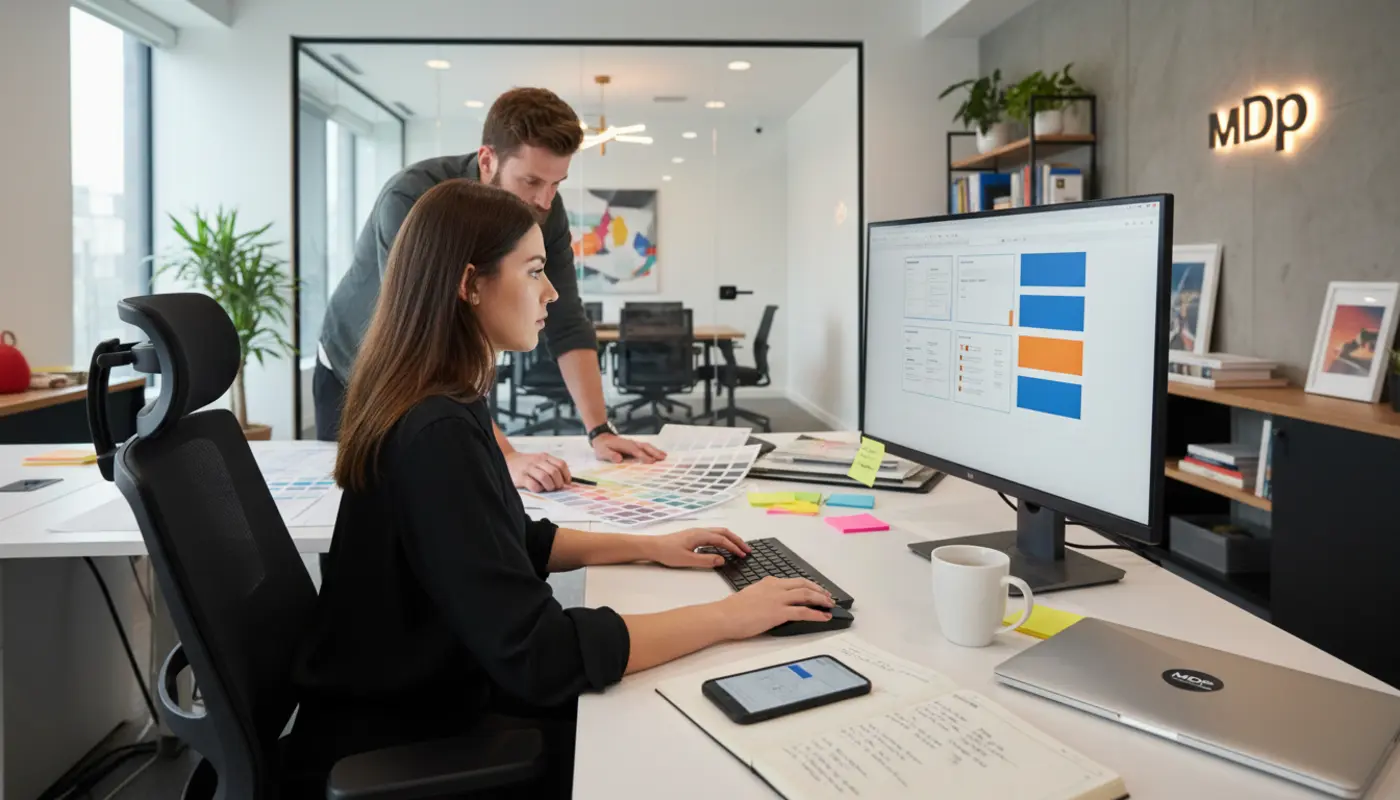 Designer creating a professional social media poster in a modern agency office