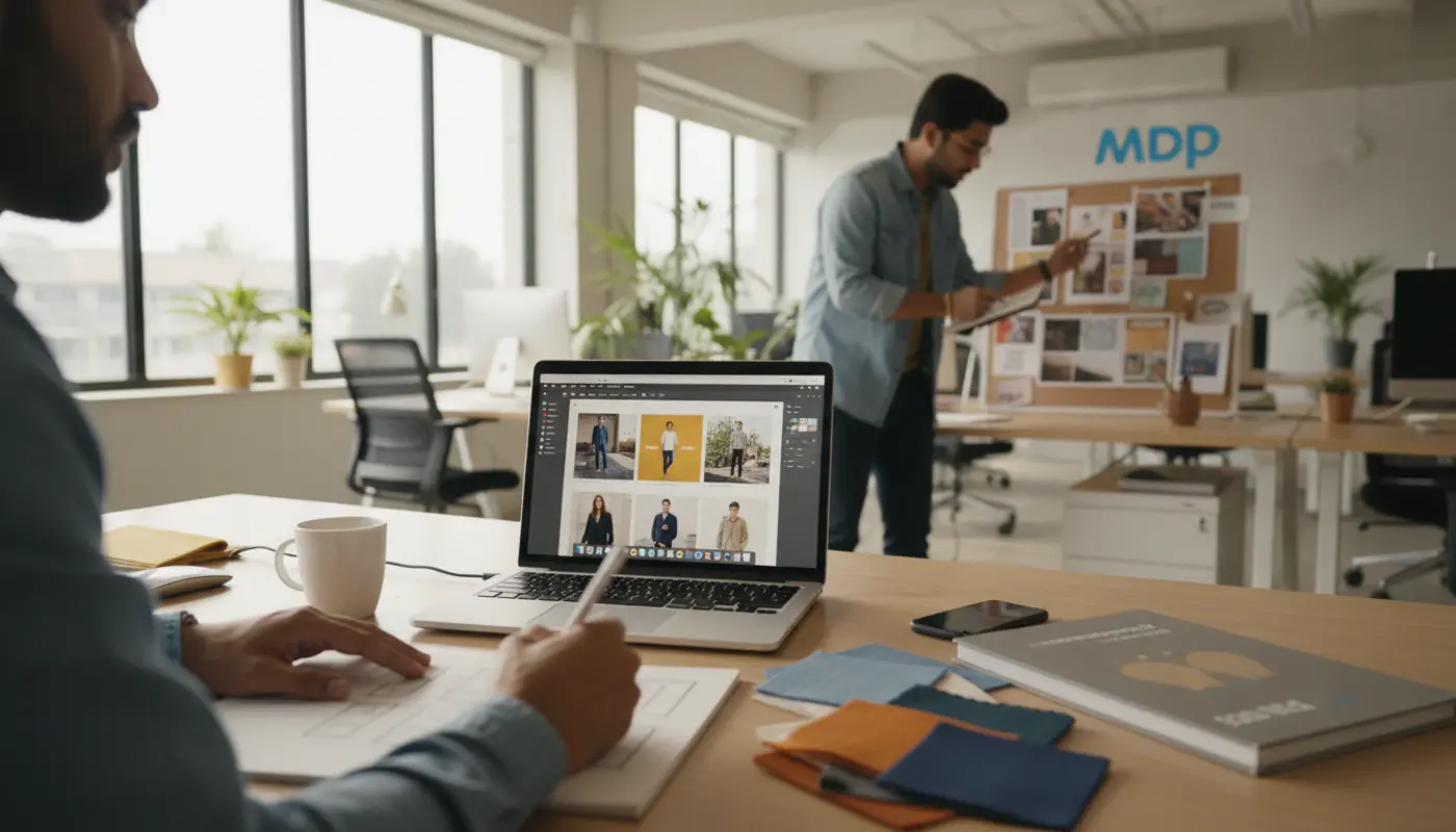 Designers using AI graphic design tools in a modern MDP agency workspace