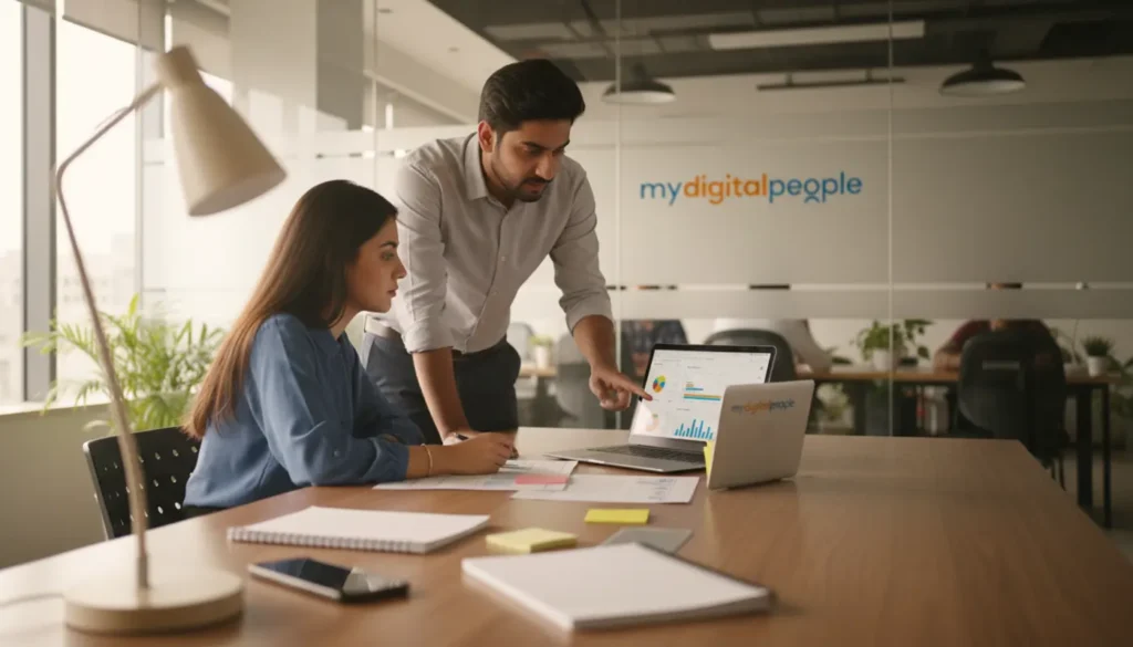 Team planning social media content strategy in a modern digital marketing agency office