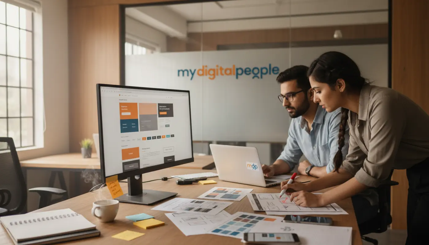 Web designers reviewing responsive website mockups in a modern MDP agency workspace