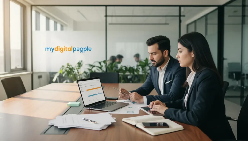 Sales managers reviewing CRM portal pipeline reports in a modern MDP office