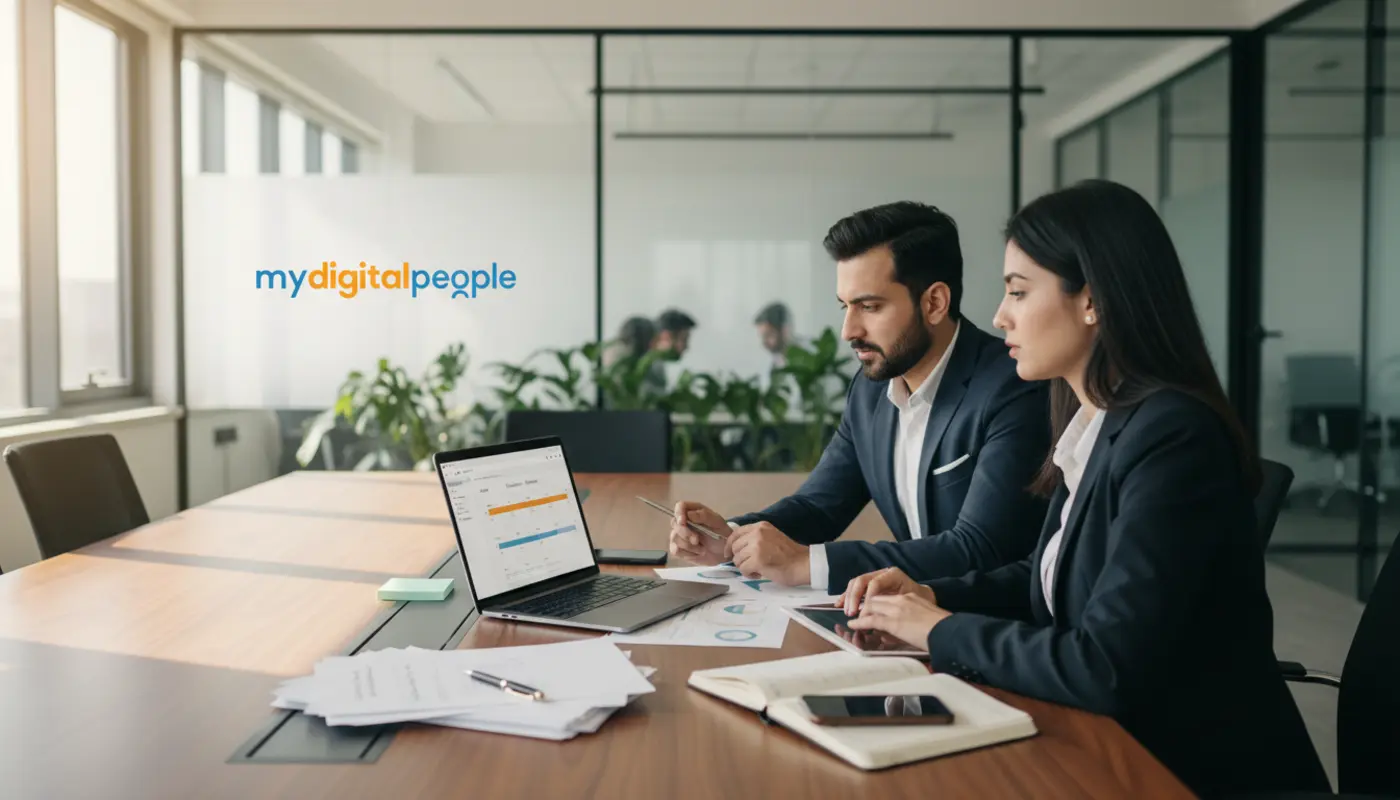 Sales managers reviewing CRM portal pipeline reports in a modern MDP office