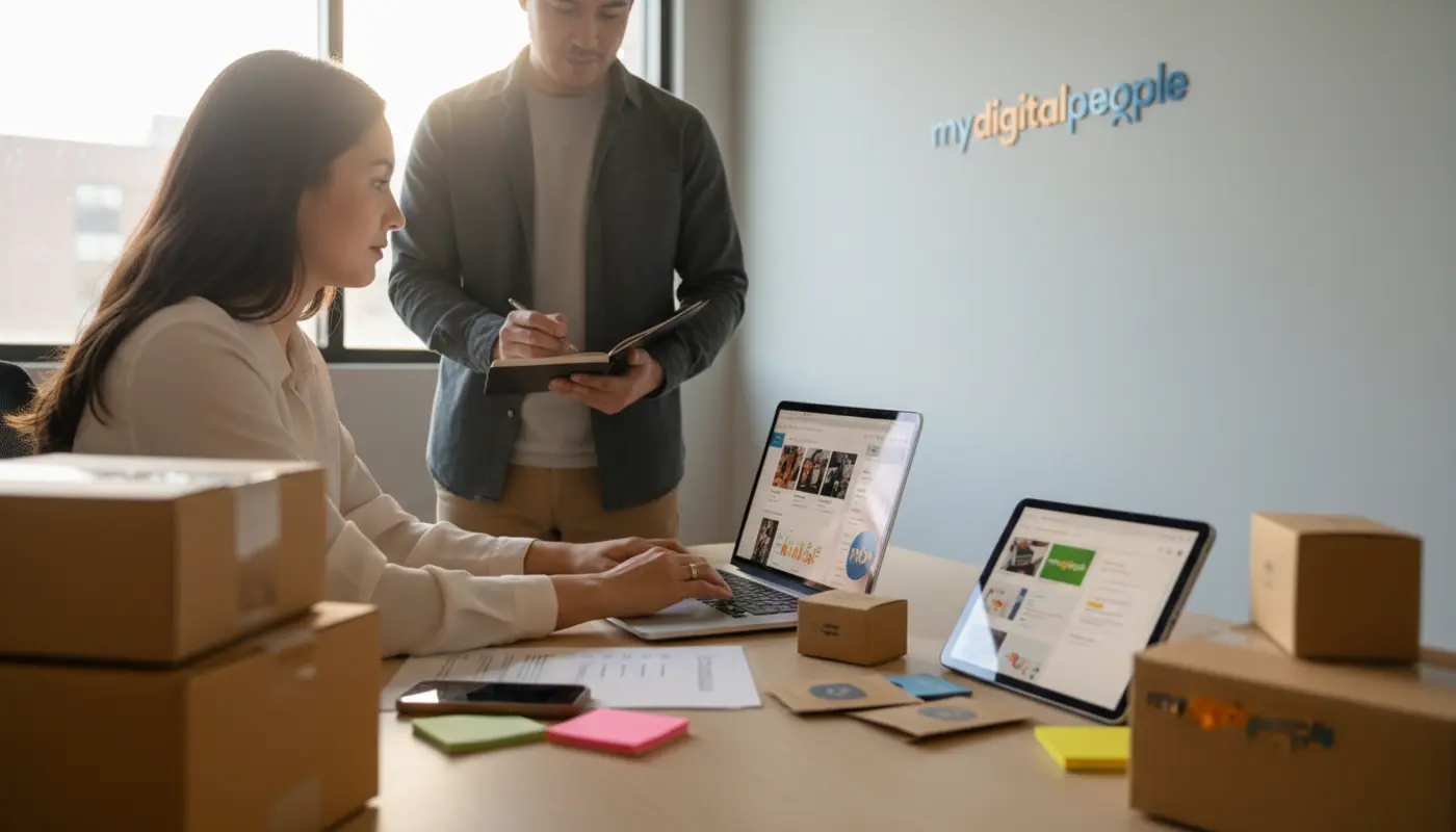 Shopify partner reviewing store design and ecommerce packaging in a modern agency office