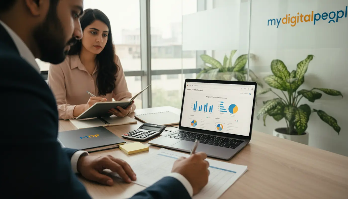 Professionals analysing franchise CRM software TAM in a modern agency meeting room
