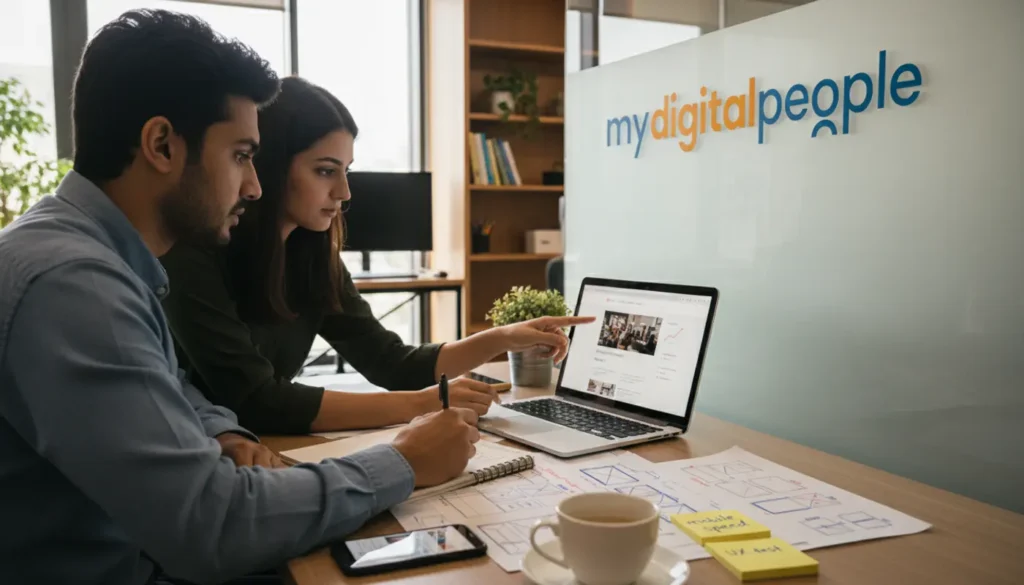 Web designers using AI insights for responsive website planning in a modern agency office