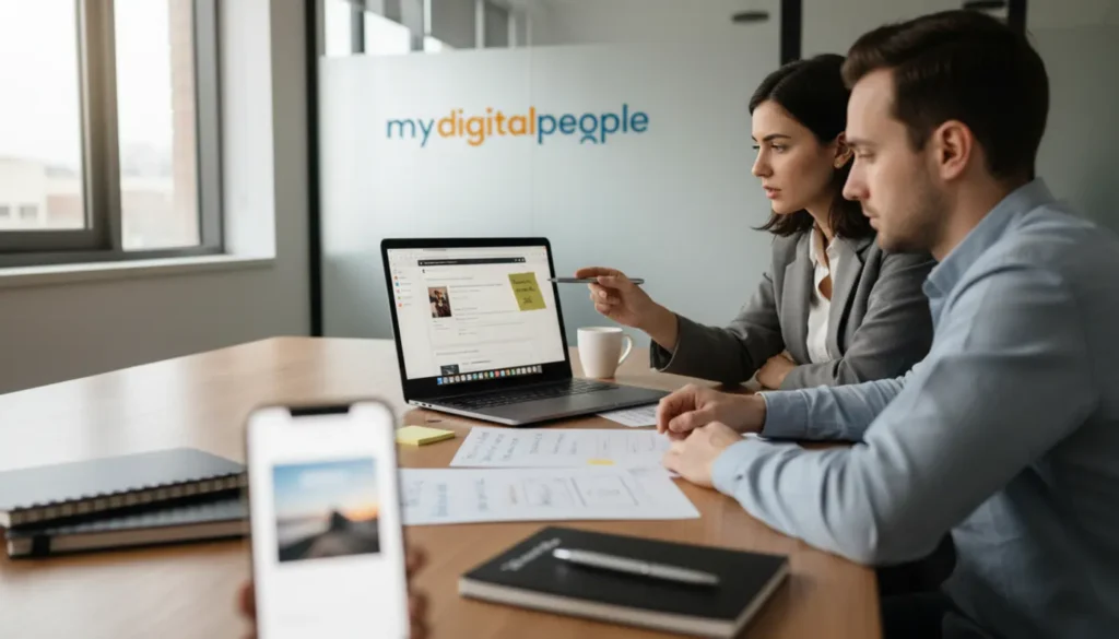 Marketers optimising digital marketing images for SEO in a modern agency workspace