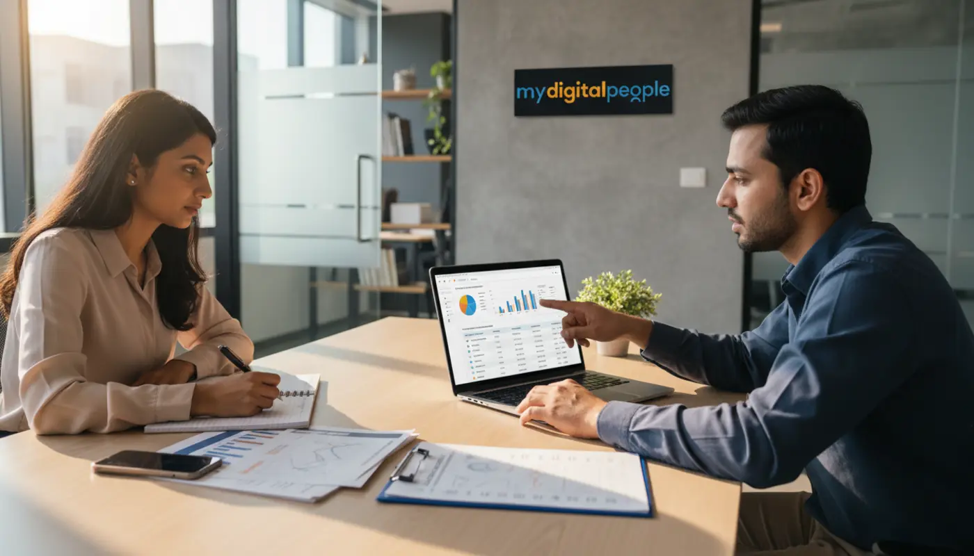 CRM sales team reviewing customer data and follow-up reports in a modern agency office