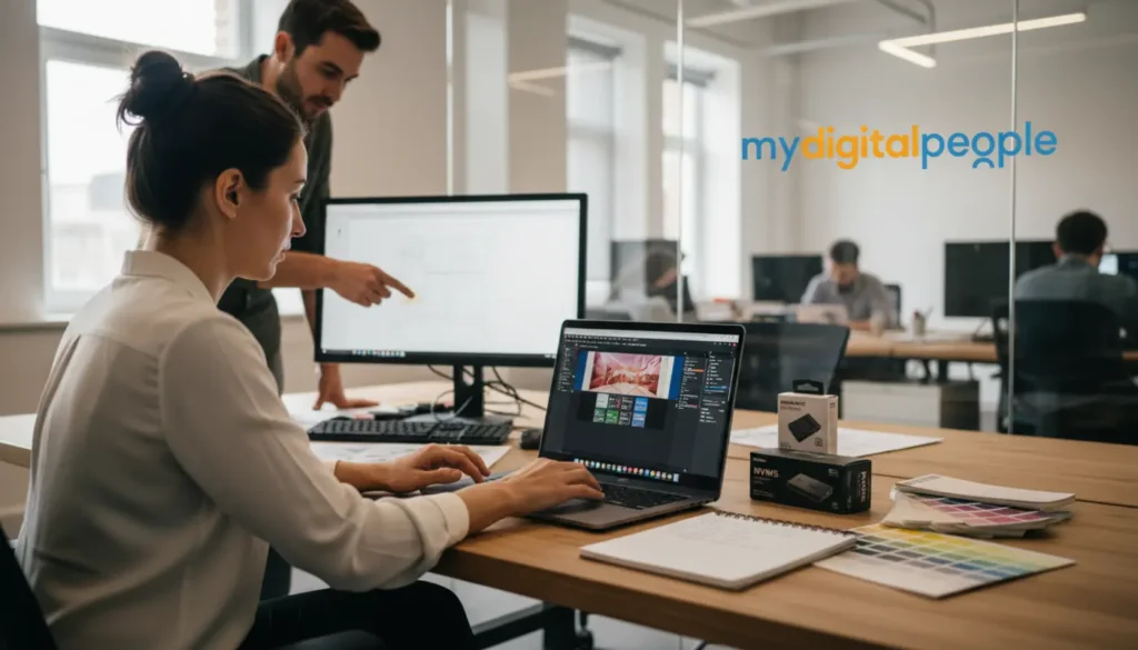 Graphic designer reviewing laptop performance specs in a modern agency workspace