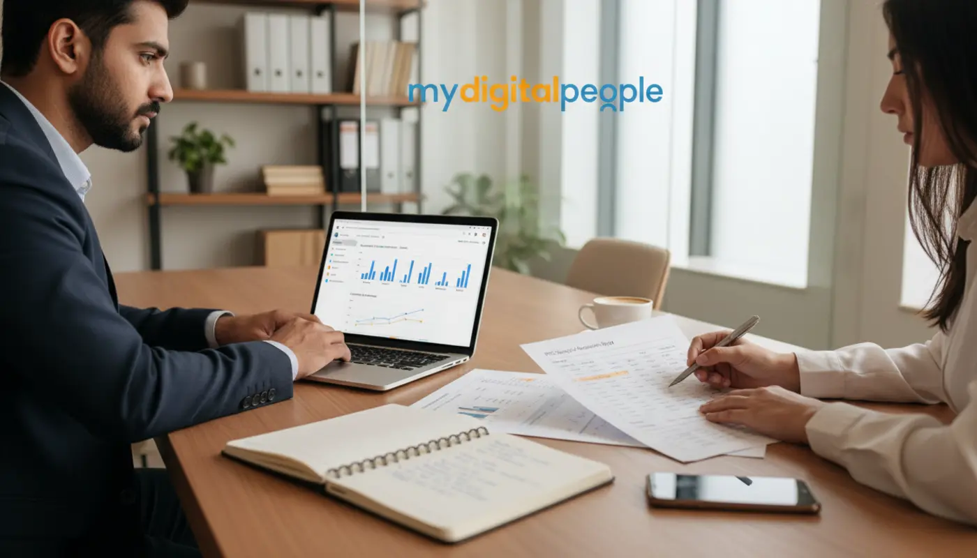 PPC search campaign planning in a modern agency office with marketers reviewing ad reports