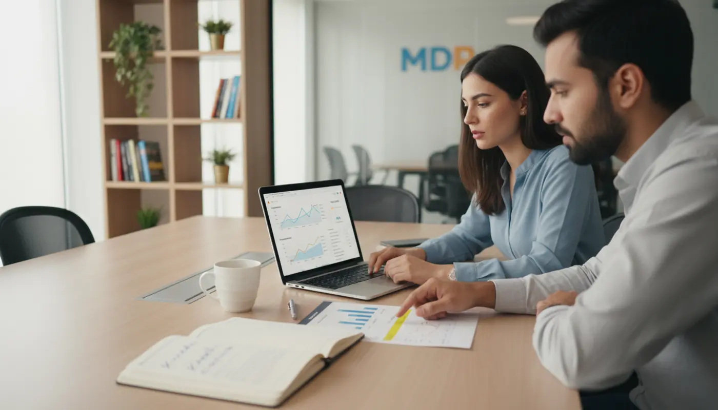 SEO strategists reviewing search ranking reports in a modern MDP agency office
