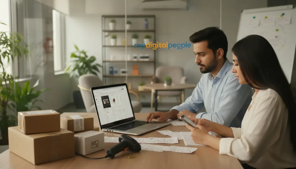 Pakistani ecommerce team managing a Shopify online store with parcels and inventory notes