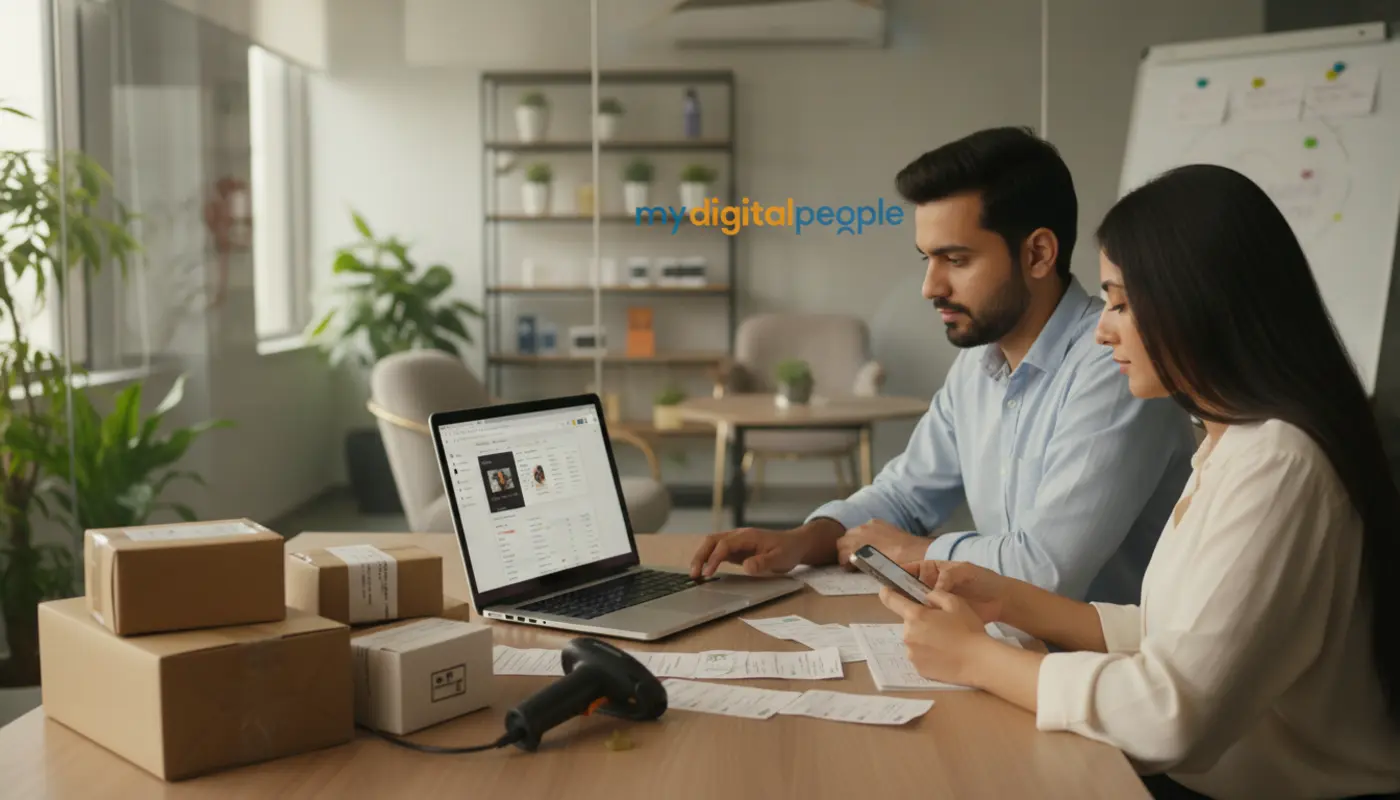 Pakistani ecommerce team managing a Shopify online store with parcels and inventory notes