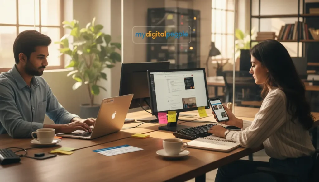 Web developers reviewing code and responsive design in a modern MDP agency workspace