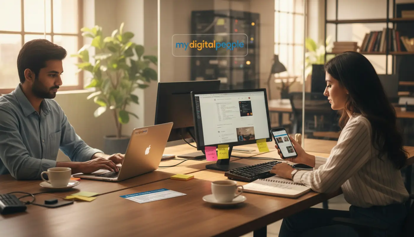 Web developers reviewing code and responsive design in a modern MDP agency workspace