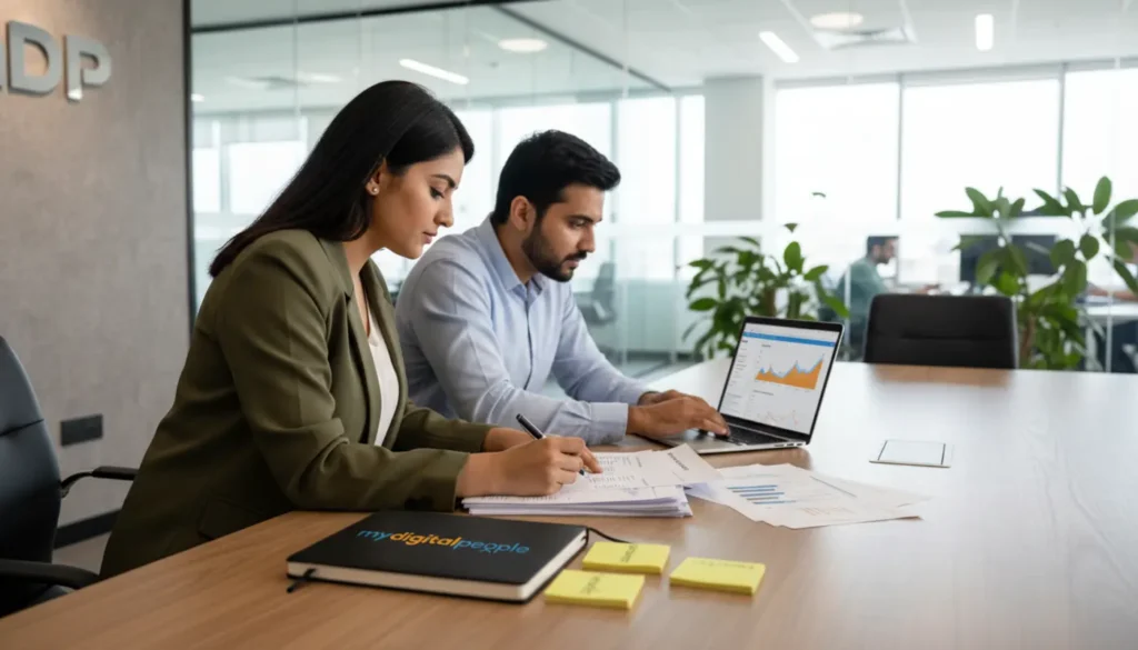 Market research strategy meeting with customer insights and competitor reports in a modern agency office