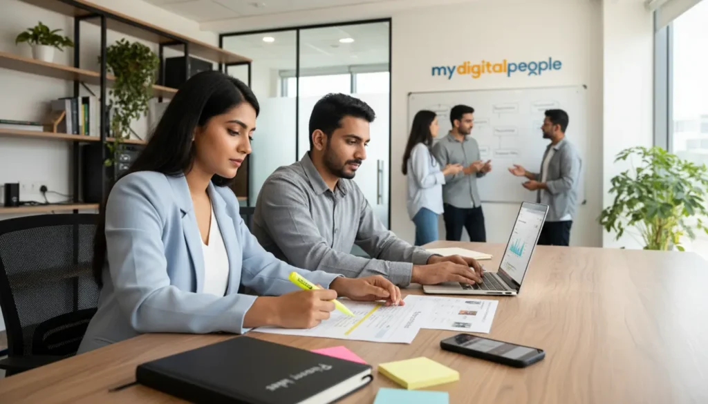SEO professionals reviewing site audit reports in a modern MDP office
