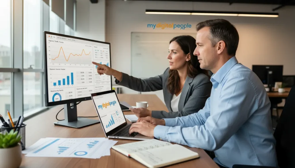 Website owners reviewing AdSense PPC revenue and traffic reports in a modern agency office