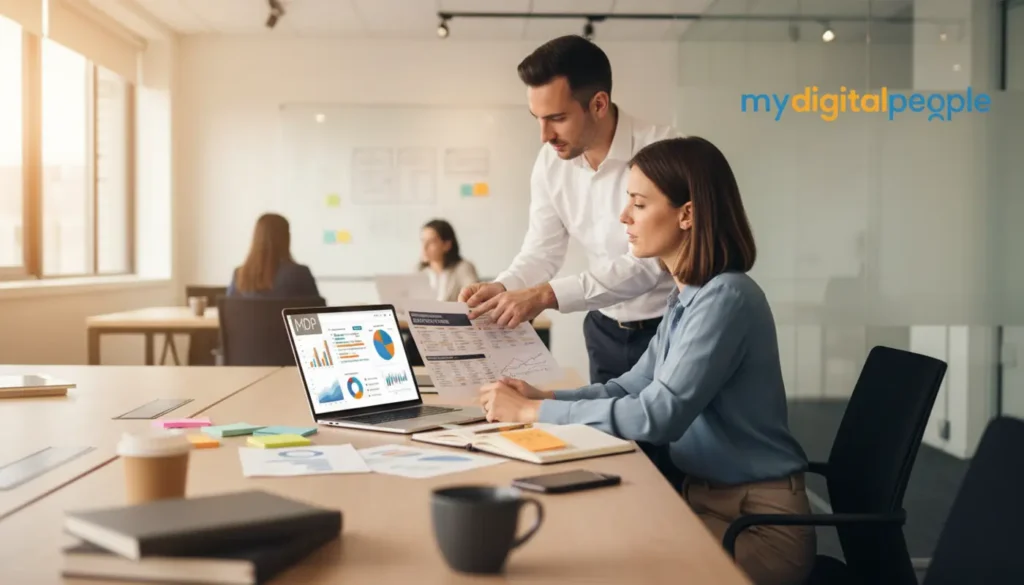 Professionals reviewing AI business strategy in a modern digital agency office