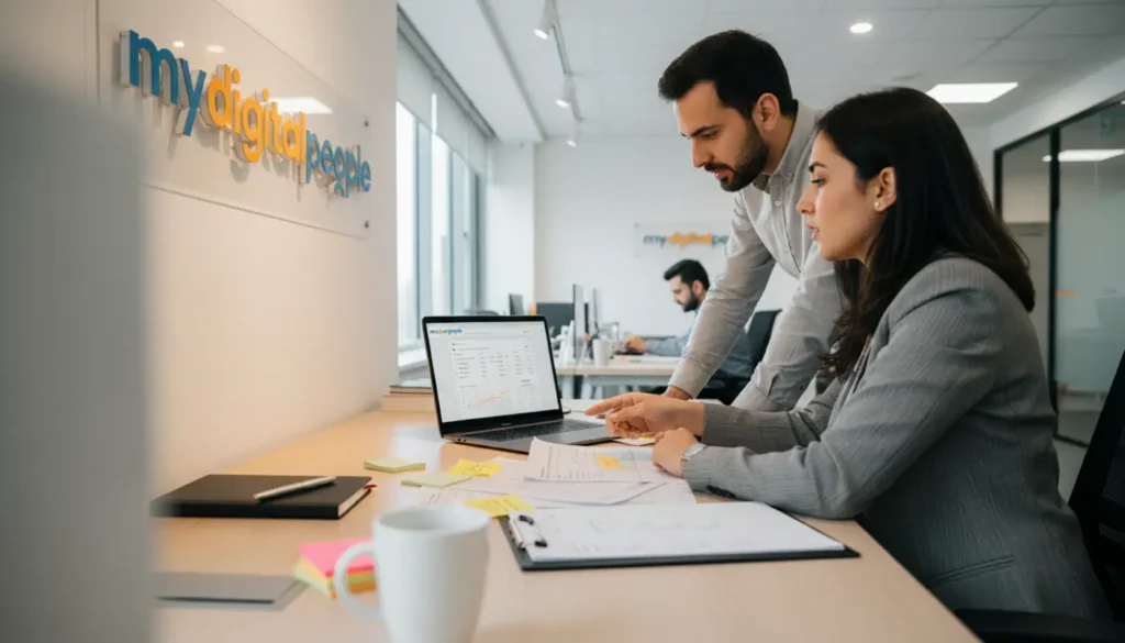 Professionals reviewing Google PPC campaign data in a modern agency office with MDP branding