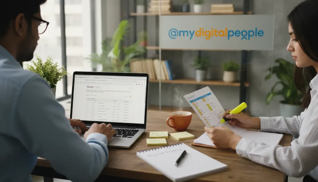 Marketers using SEO Quake Chrome extension for keyword research in a modern agency office
