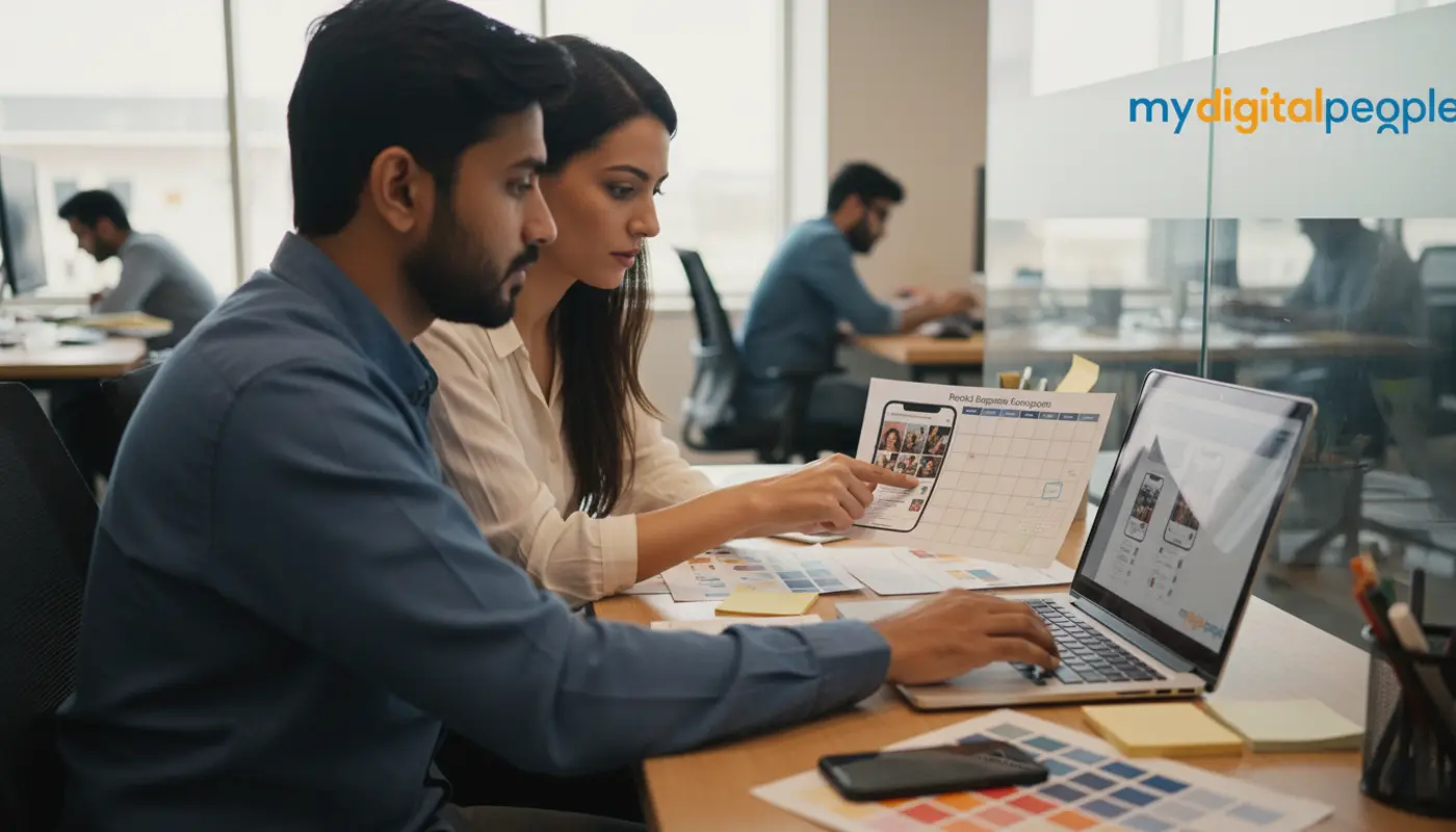 Marketers reviewing social media mockups for consistent brand growth planning