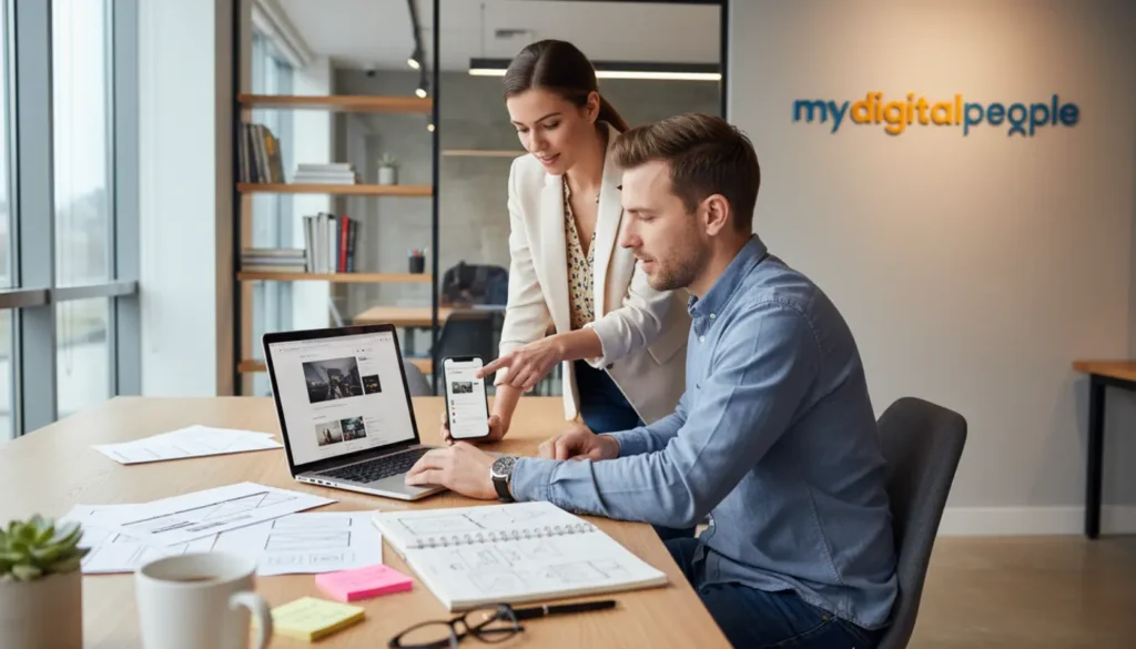 Web designers reviewing responsive website UI on laptop and mobile in a modern agency office