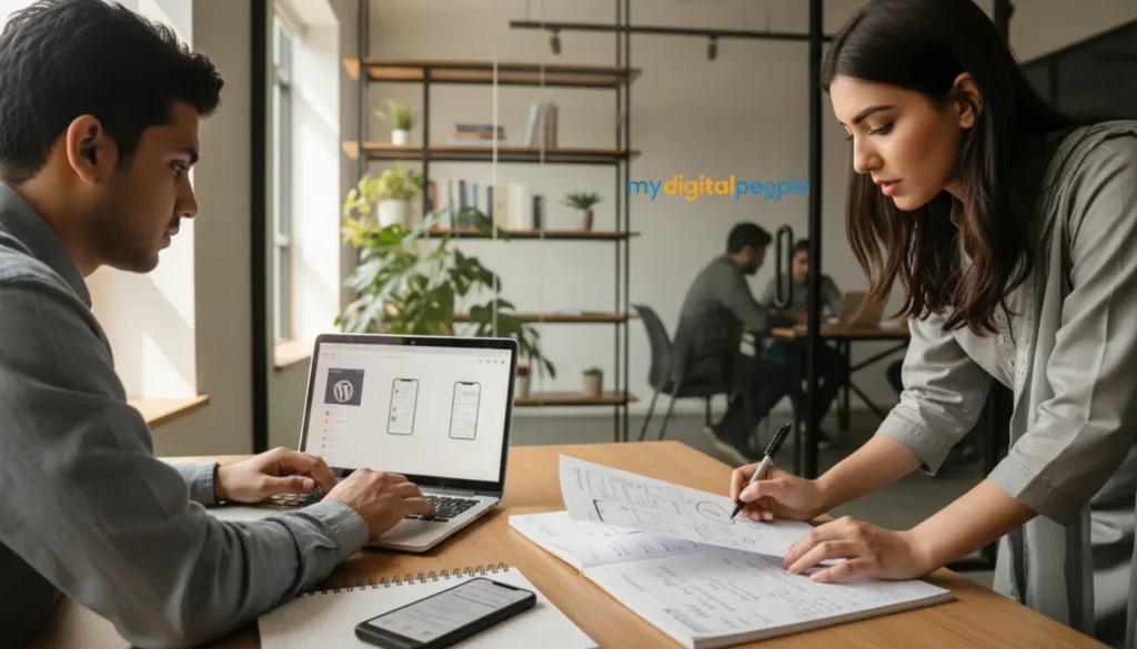 Designers planning a WordPress powered mobile app in a modern agency workspace
