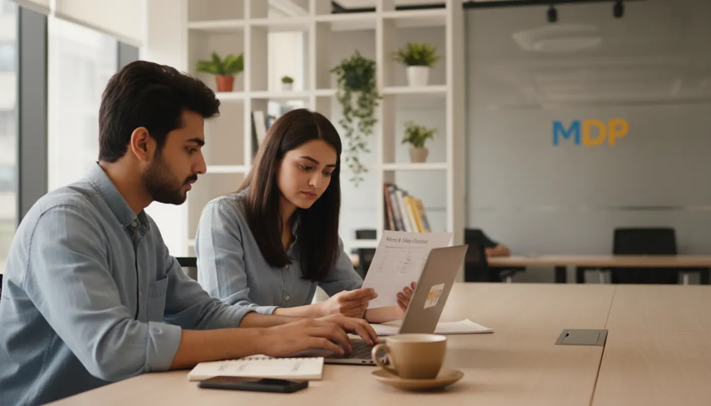 Professionals reviewing social media screen time and mental wellbeing in a modern agency office