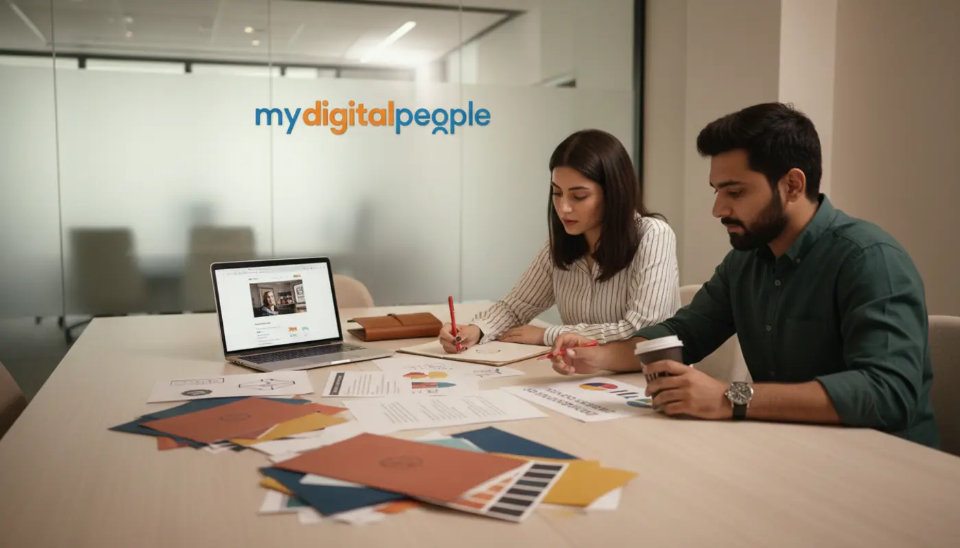 Pakistani branding strategists reviewing trust-focused corporate identity in an MDP office
