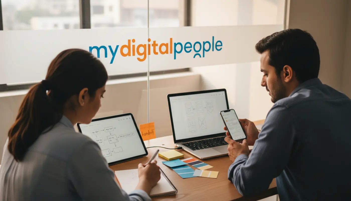 Designers planning Android app wireframes in a modern MDP agency workspace