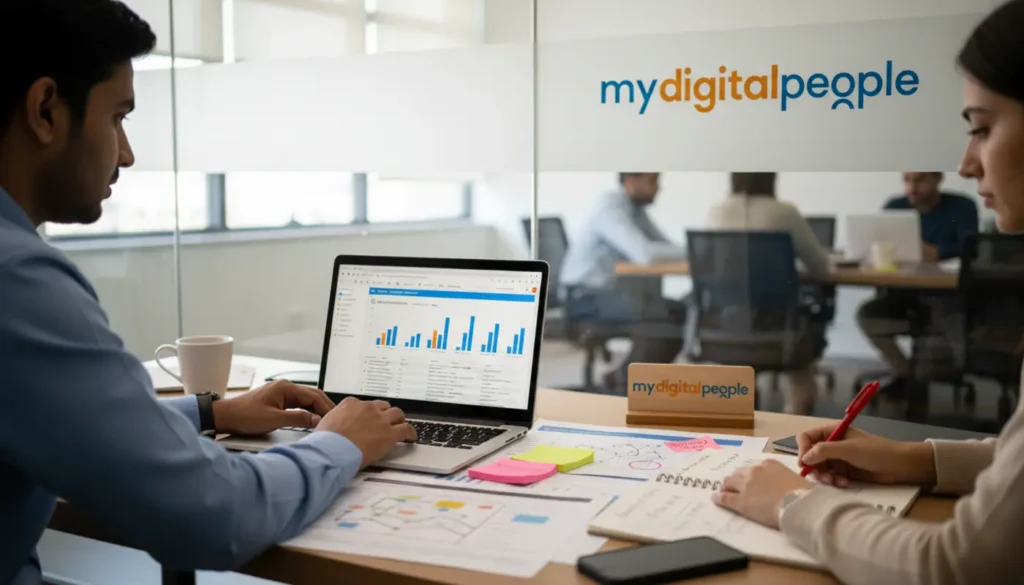 SEO specialists reviewing website audit reports in a modern MDP office