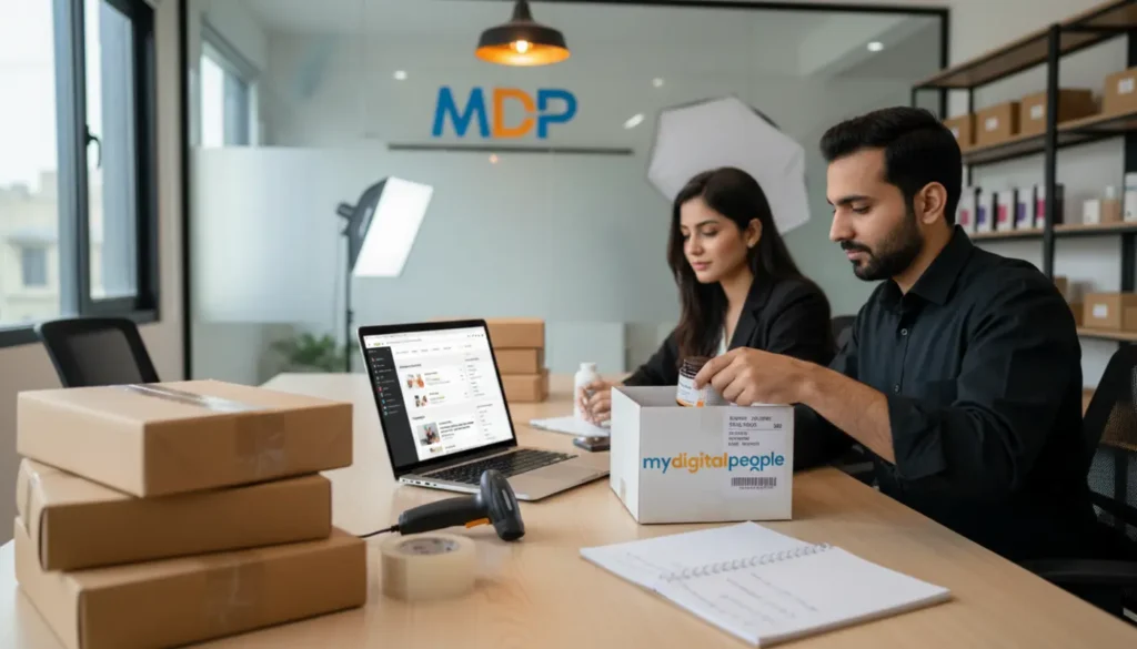 Shopify sellers managing products, orders and shipping in a modern ecommerce workspace