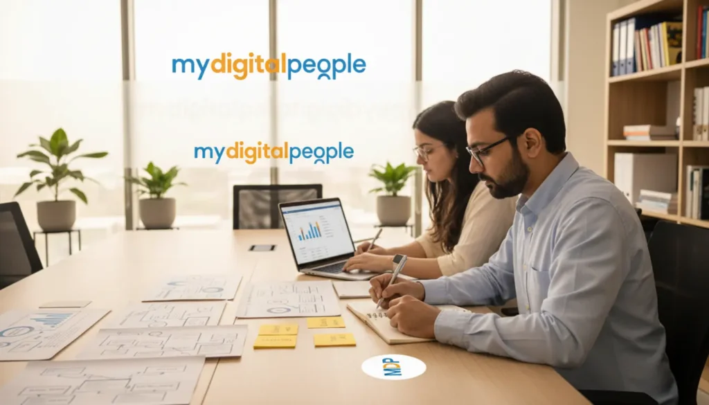 AI consultants organising frame-based knowledge structures in a modern MDP office