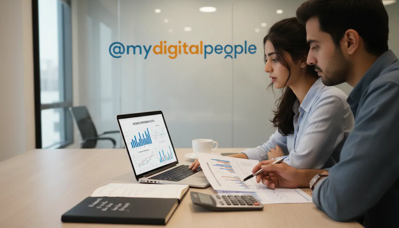 Digital marketers reviewing PKR salary and performance reports in a modern agency office