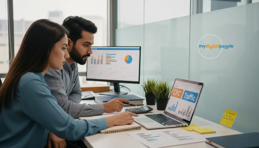 Digital analyst reviewing BidVertiser CPC earnings report in a modern MDP office