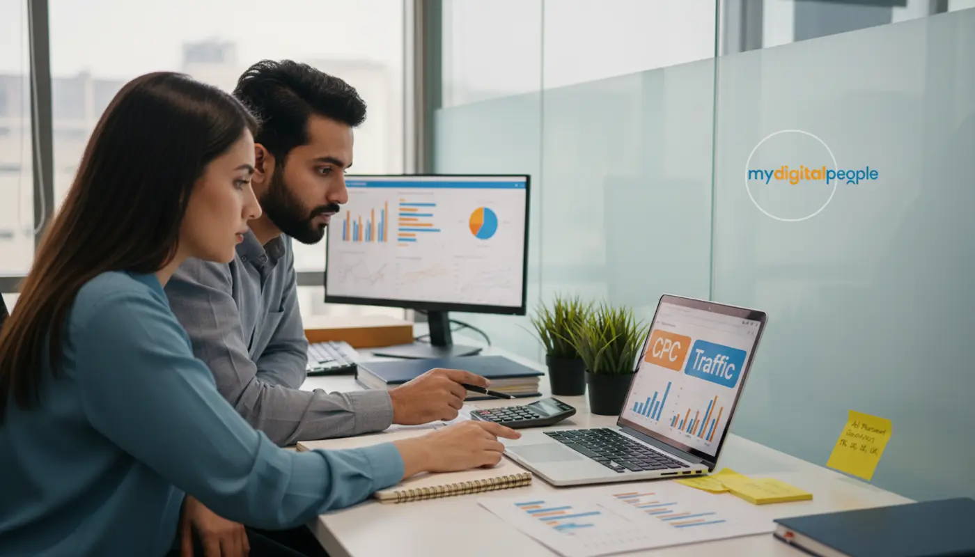 Digital analyst reviewing BidVertiser CPC earnings report in a modern MDP office