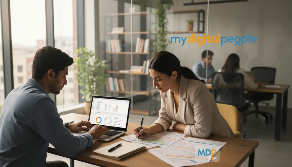 SEO strategists reviewing keyword research in a modern My Digital People office