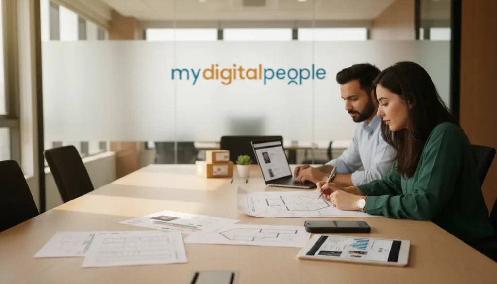 Marketers comparing Shopify and custom website SEO strategy in a modern agency office