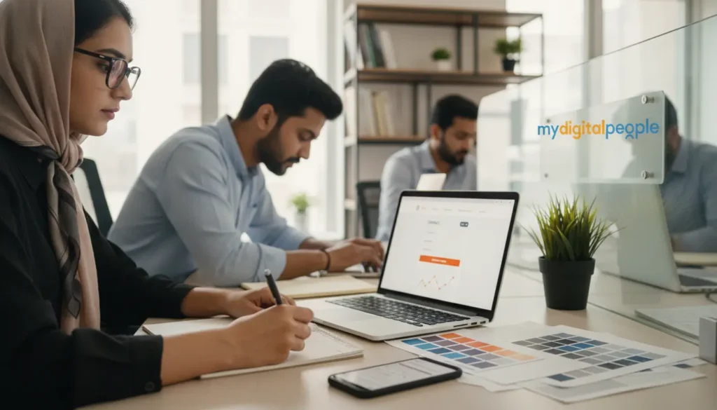 UX designers reviewing website layout and conversion notes in a modern MDP agency office